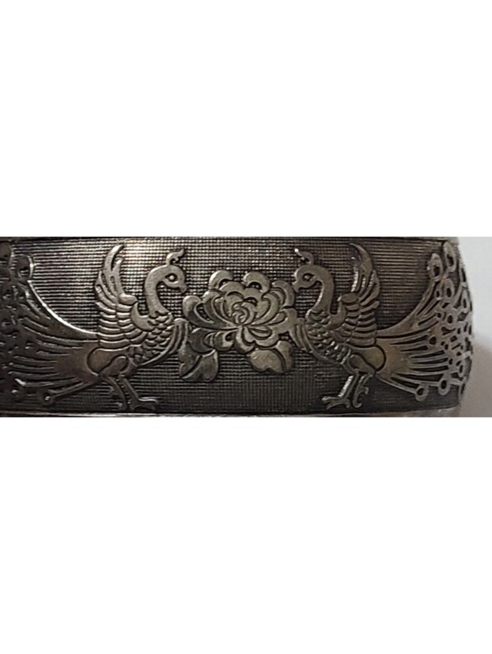 Vtg Chinese Export Silver Tone Peacock & Peony Wide Cuff Bracelet Etched Asian - Picture 6 of 8